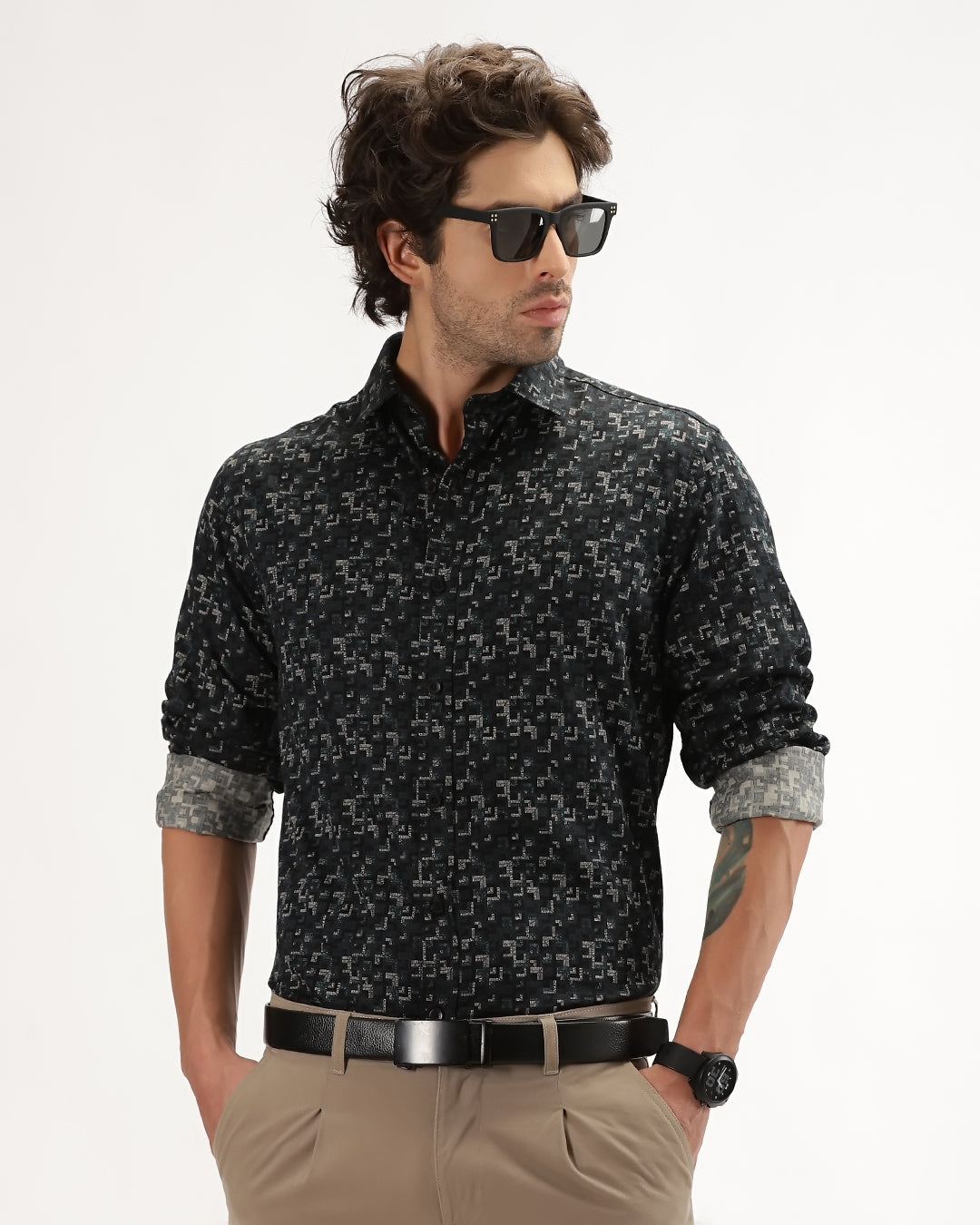 Velin- Regular Fit Satin Geometric Print Shirt