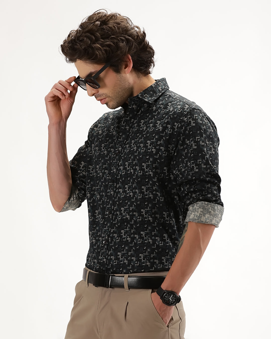 Velin- Regular Fit Satin Geometric Print Shirt