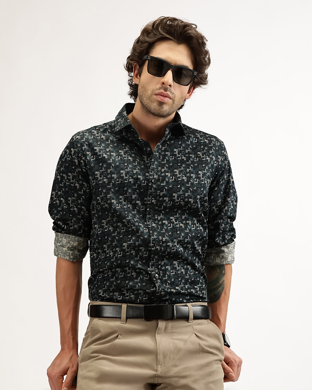 Velin- Regular Fit Satin Geometric Print Shirt