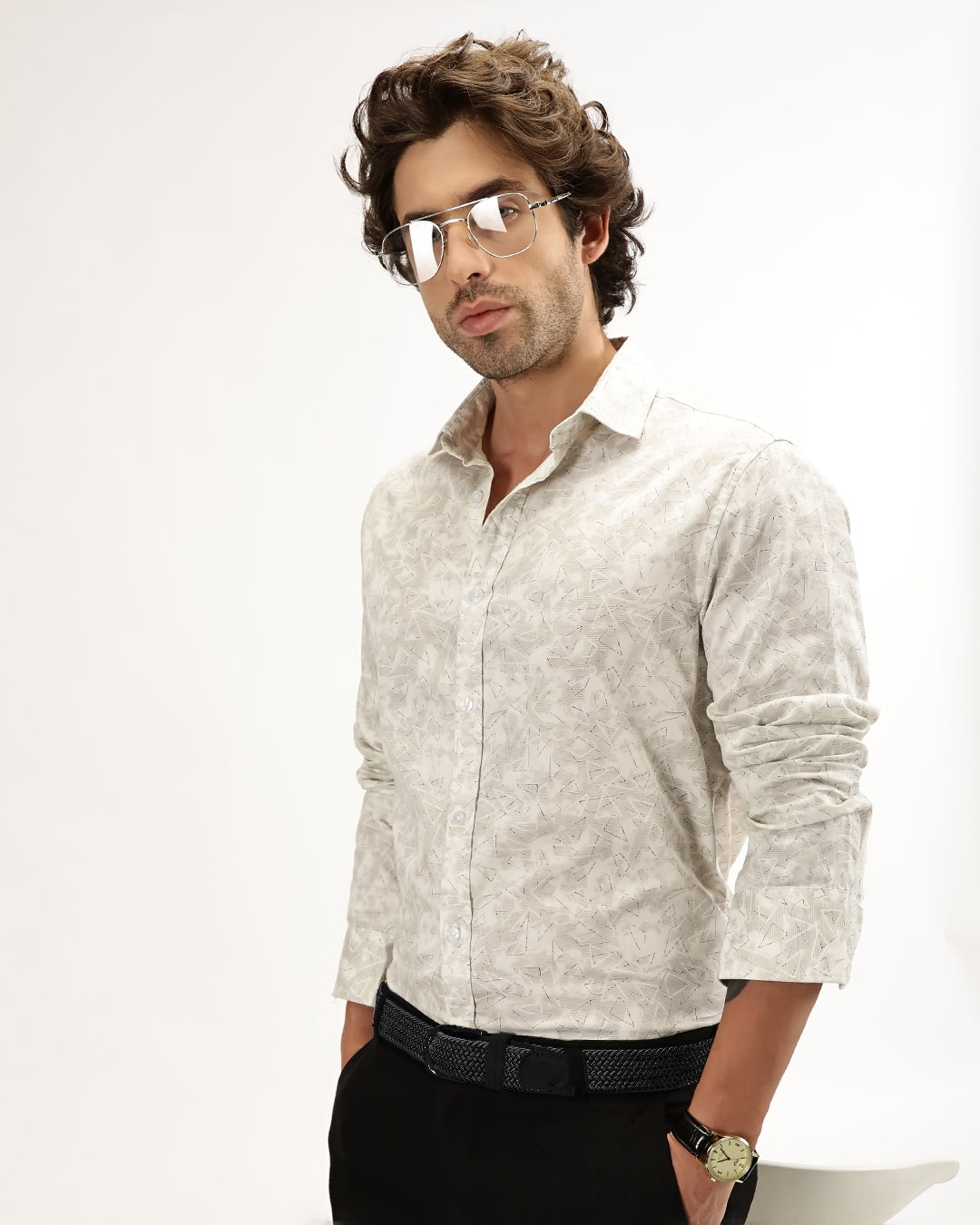 Velin- Regular Fit Satin Geometric Print Shirt