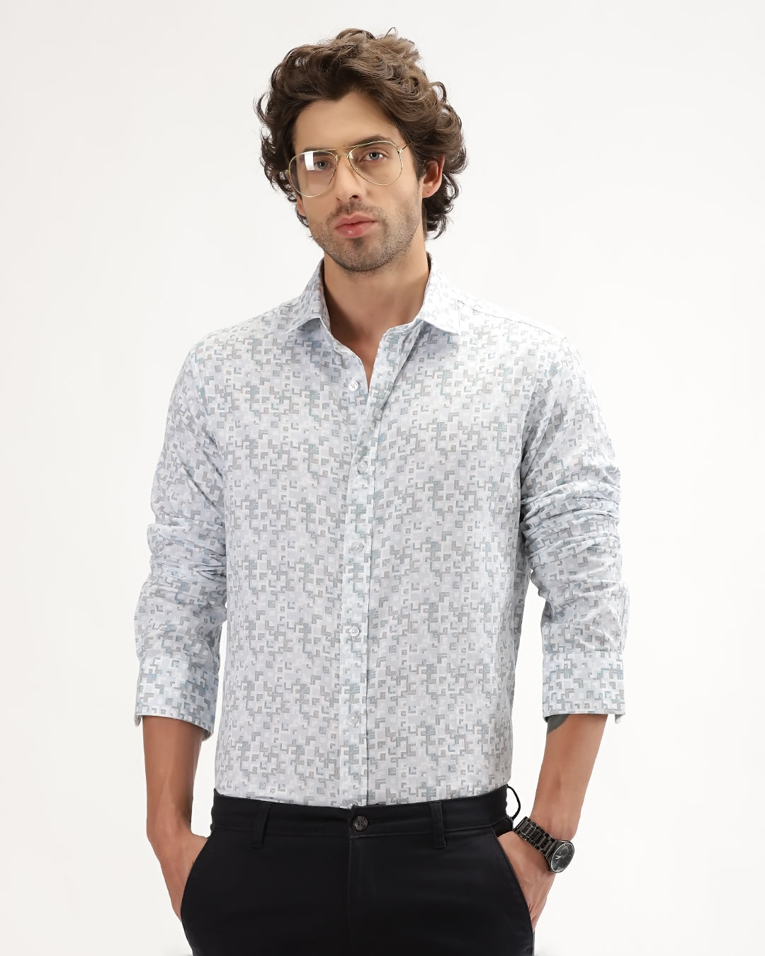 Velin- Regular Fit Satin Geometric Print Shirt