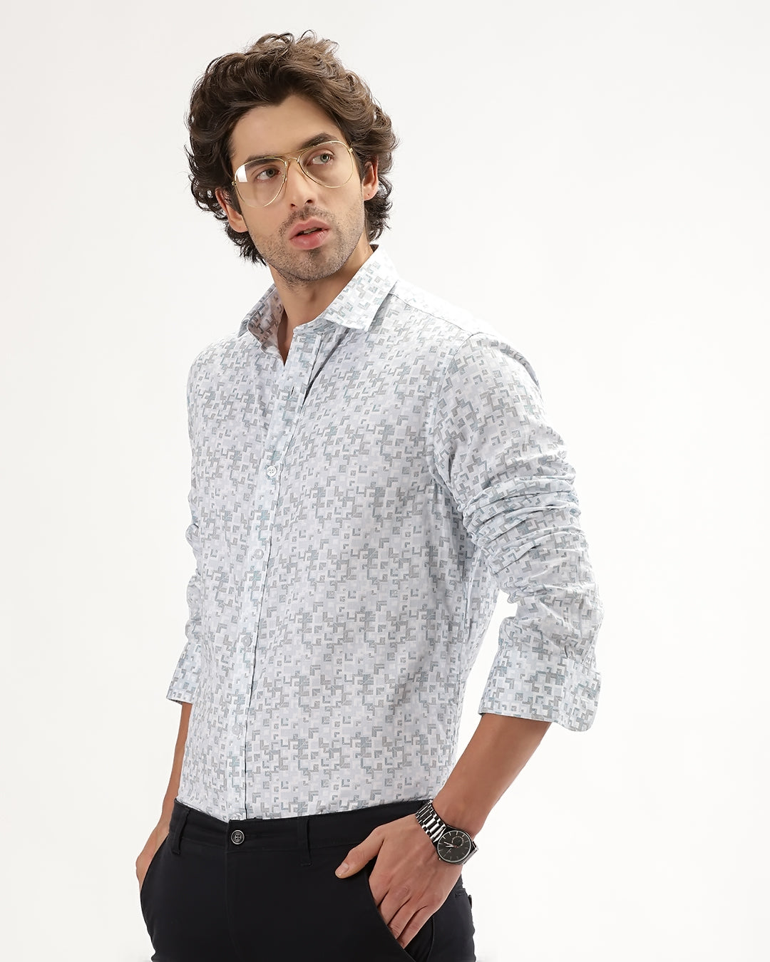 Velin- Regular Fit Satin Geometric Print Shirt