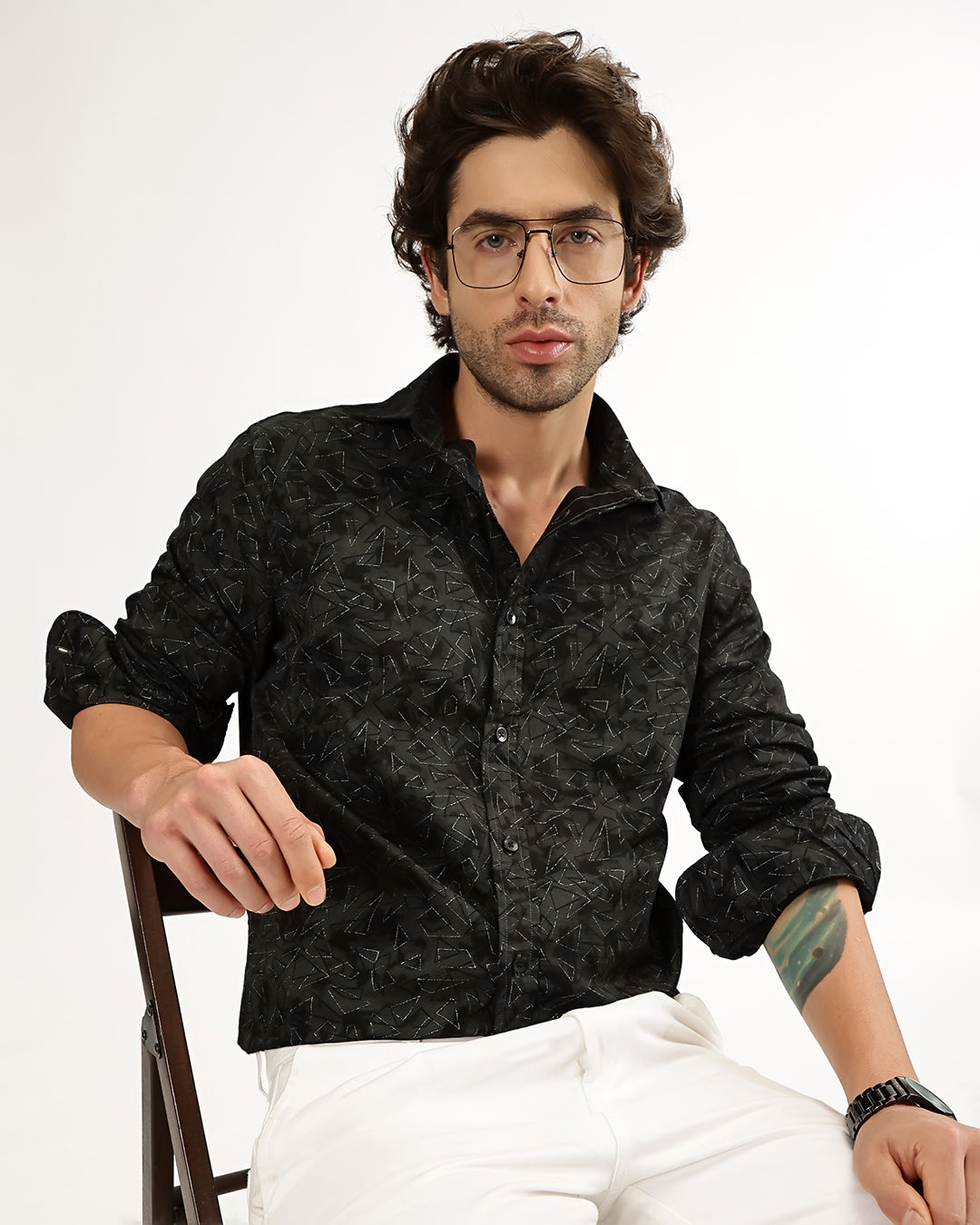 Velin- Regular Fit Satin Geometric Print Shirt