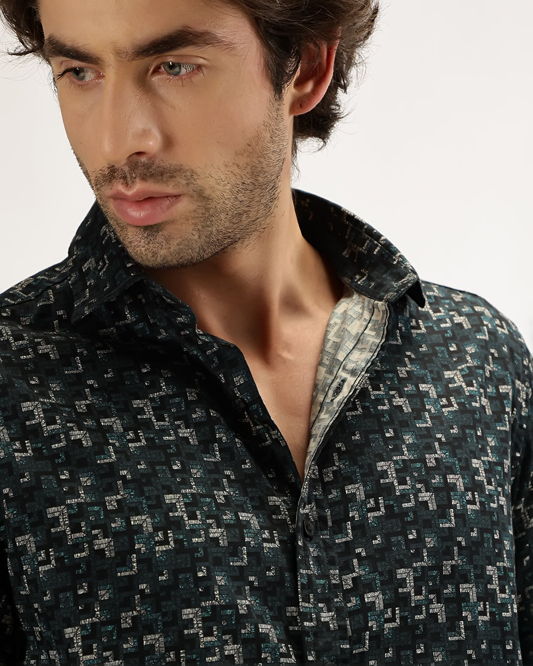 Velin- Regular Fit Satin Geometric Print Shirt